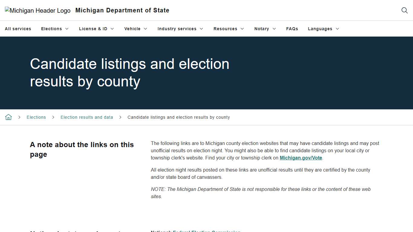 Candidate listings and election results by county